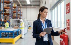 A health and safety practitioner in a warehouse environment is inspecting a fire extinguisher
