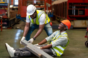 A factory worker helps another worker remove a steel beam which fell on him before writing an incident report